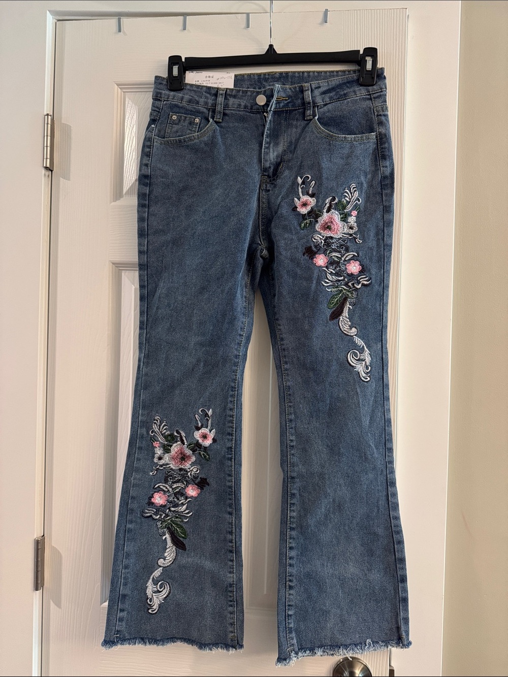 Blue Embroidered Flare Jeans with Pink Floral Accents US Size 8 - 10  NWT